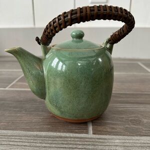 Vintage Teavana Teapot with Wicker Handle and Tea Infuser Basket Gloss Green